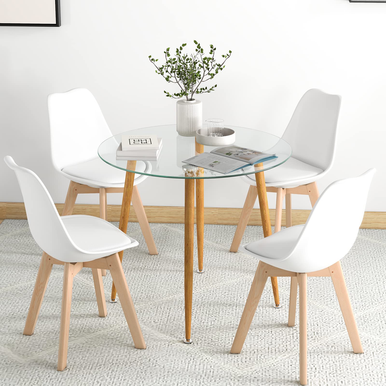 Giantex Dining Table Set for 4, Modern 5-Piece Dining Room Set w/ 1 Round Tempered Glass Table & 4 High Back Chairs