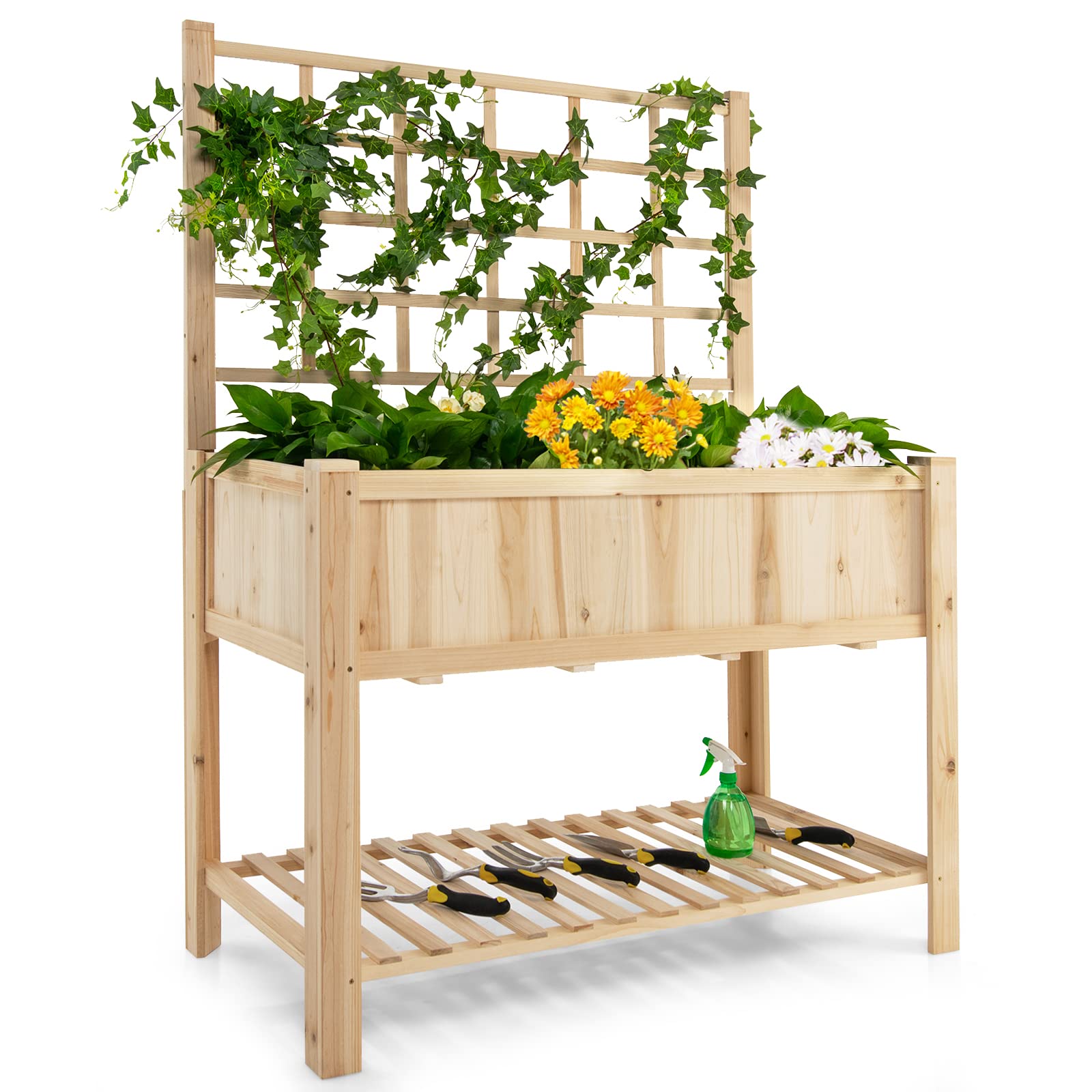 Giantex Wood Planter with Trellis, Standing Raised Garden Bed