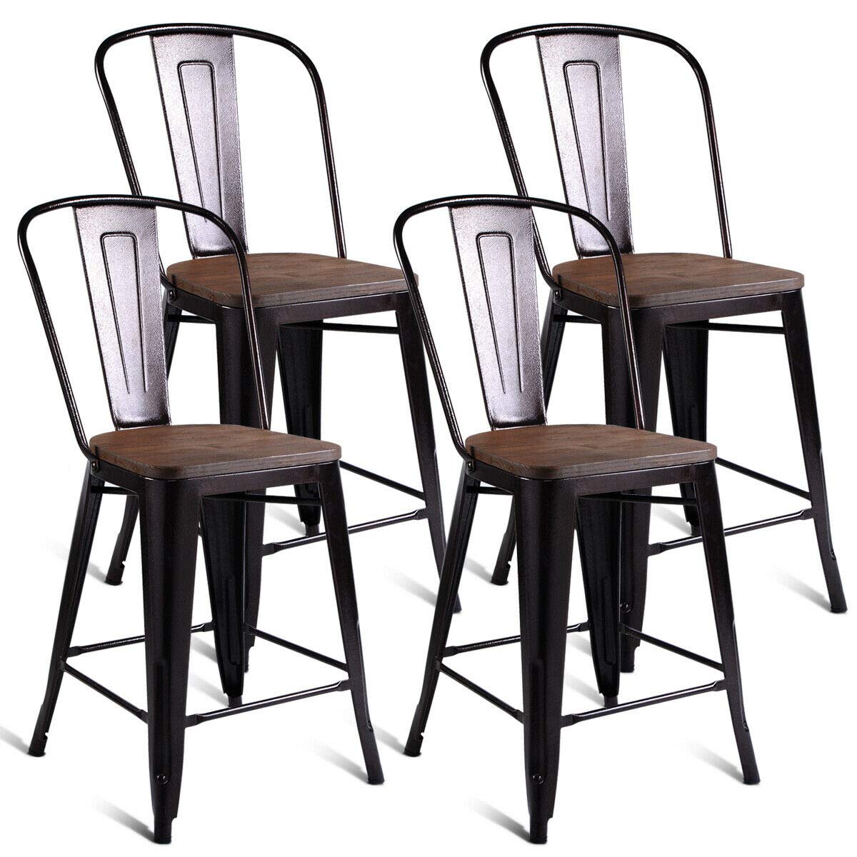 Giantex Tolix Style Dining Stools with Wood Seat and Backrest, Industrial Metal Counter Height Stool