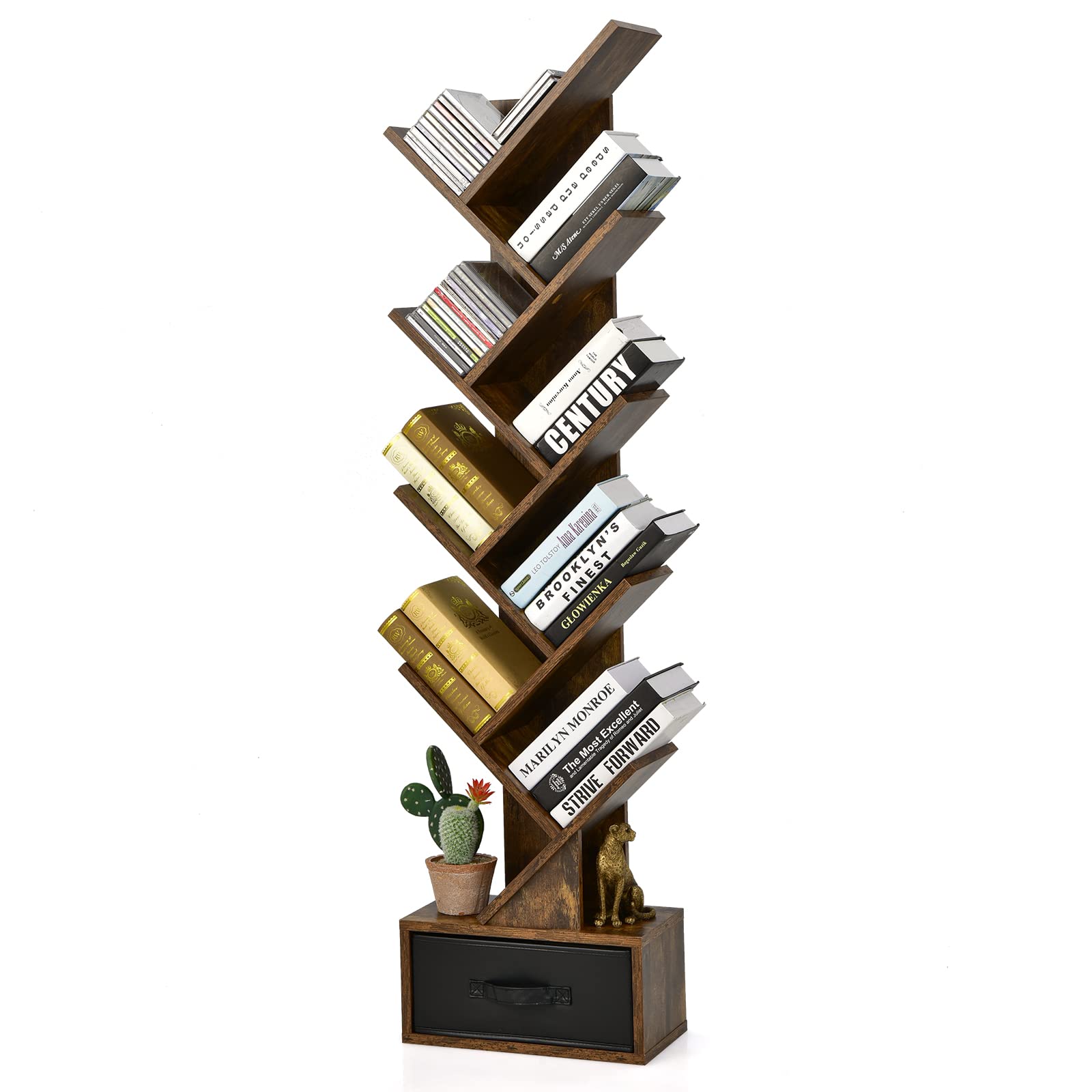 Giantex Tree Bookshelf with Drawer, 10 Shelf Space Saving