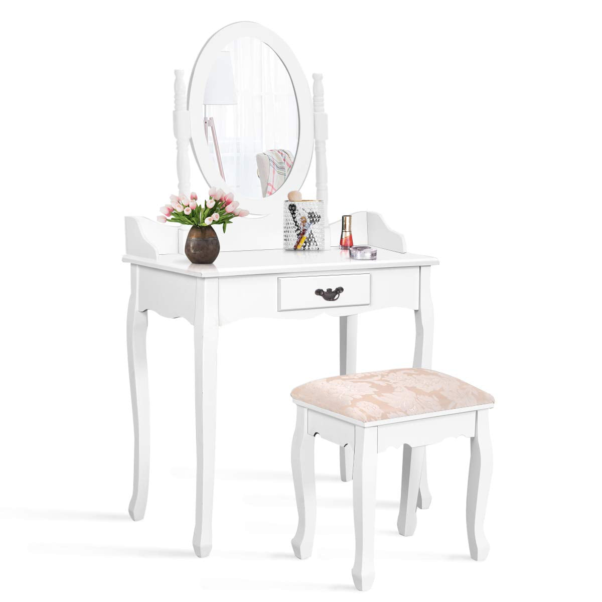 Giantex Bathroom Vanity Table Set w/Mirror Cushioned Stool Makeup Dressing Table Set