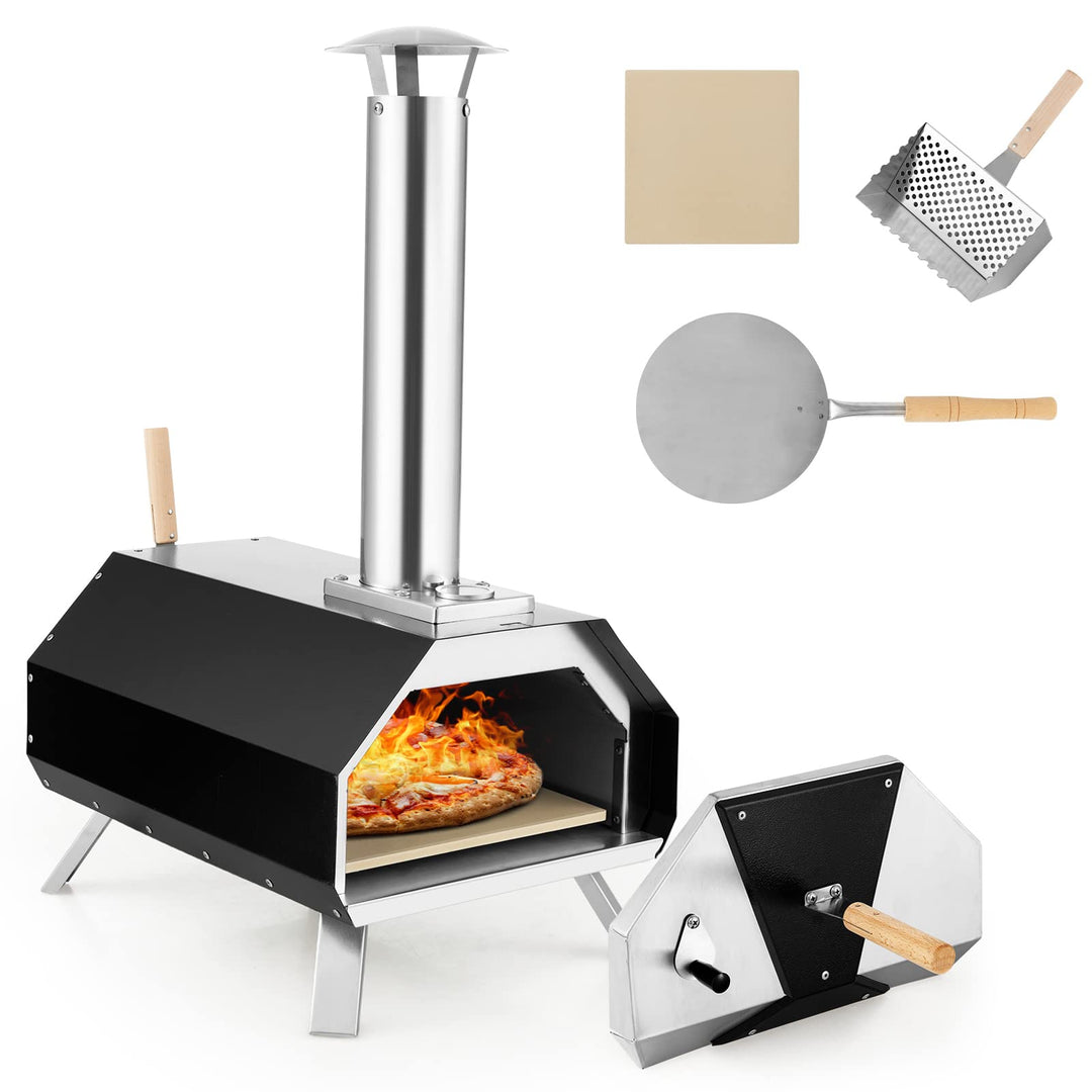 Giantex Outdoor Pizza Oven, Wood Pellet Fired Pizza Grill with 12'' Pizza Stone, Pizza Peel, (Black & Silver)