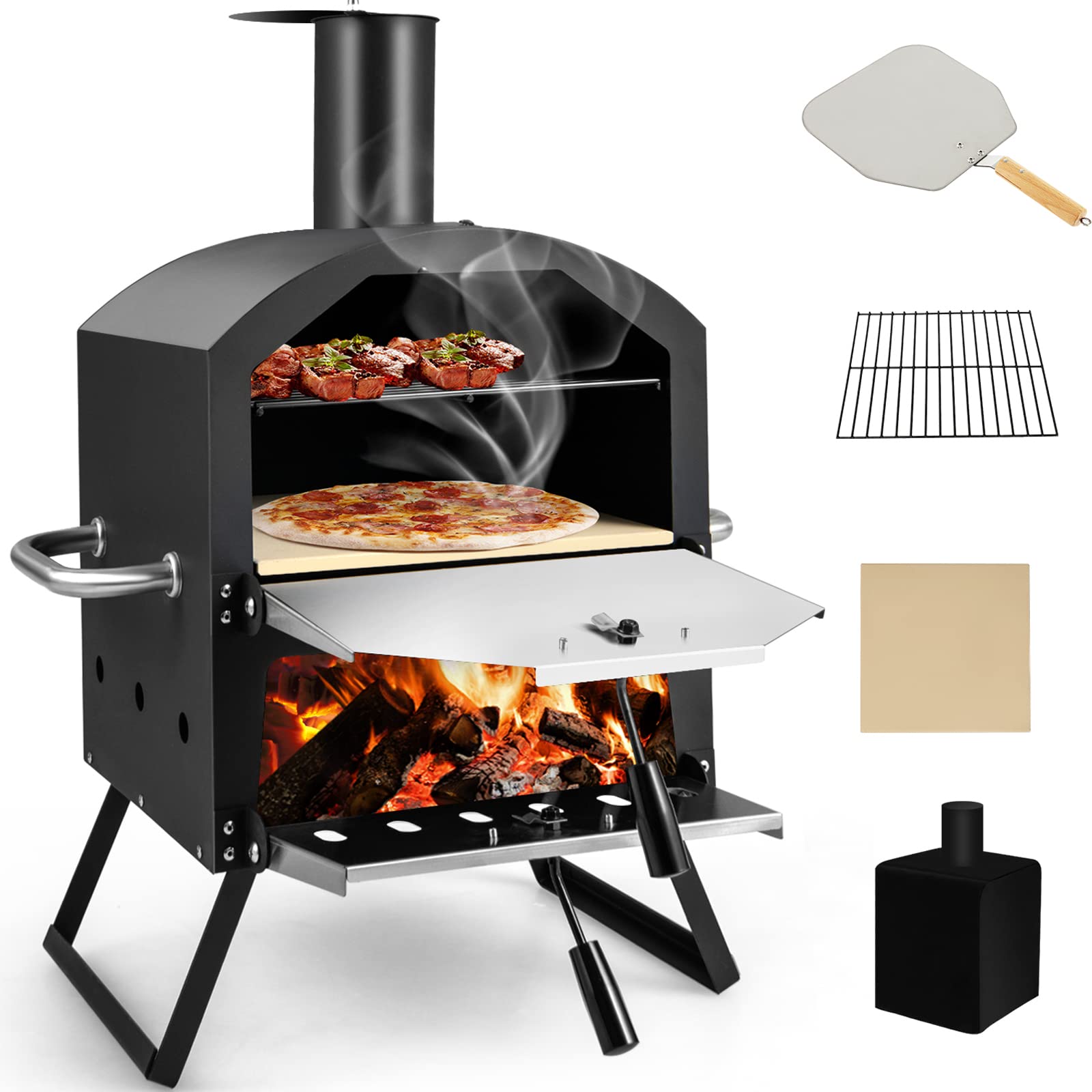 Giantex Outdoor Pizza Oven Wood Fired, 2-Layer Pizza Maker with Pizza Stone, Pizza Peel (Black)