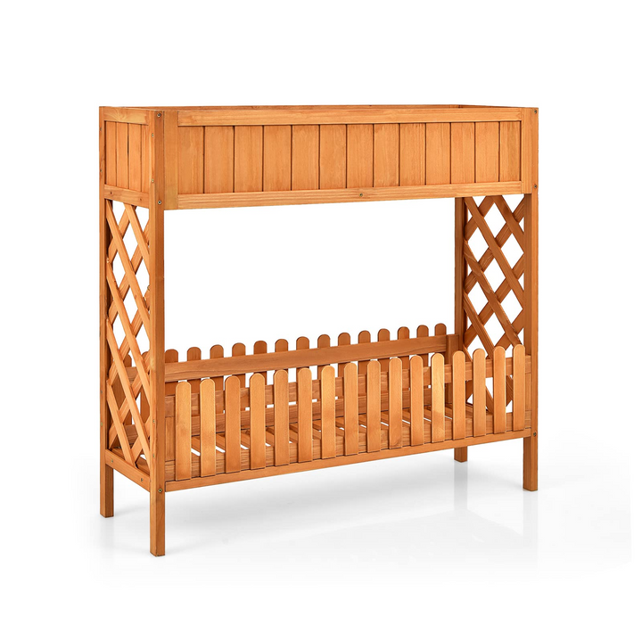 2-Tier Wood Potted Plant Rack with Fence