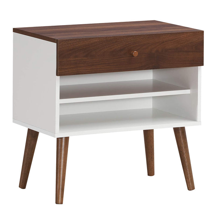 Nightstand with Drawer and Storage Shelves & Rubber Wood Legs, Brown&White