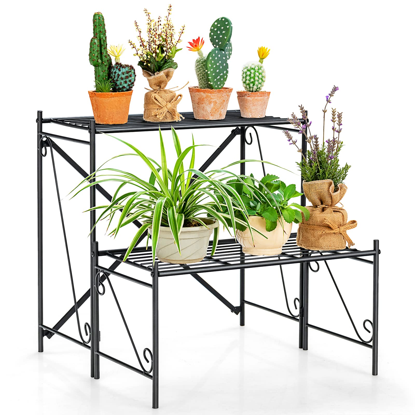 Giantex 2 Tier Stair Style Metal Plant Stand, Flower Pot Display Holder with Widened Grid Rack