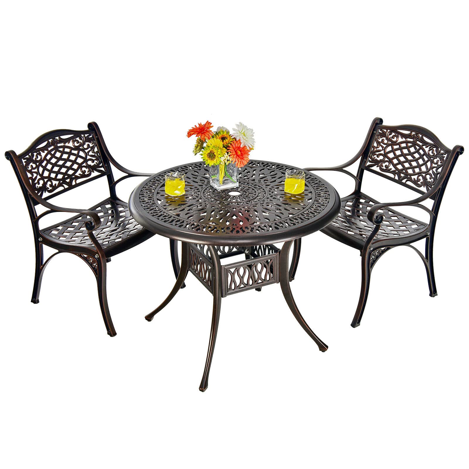 Giantex 3 Pcs Patio Bistro Set, Cast Aluminum Outdoor Dining Set,Round Patio Table with Umbrella Hole, 2 Patio Chairs