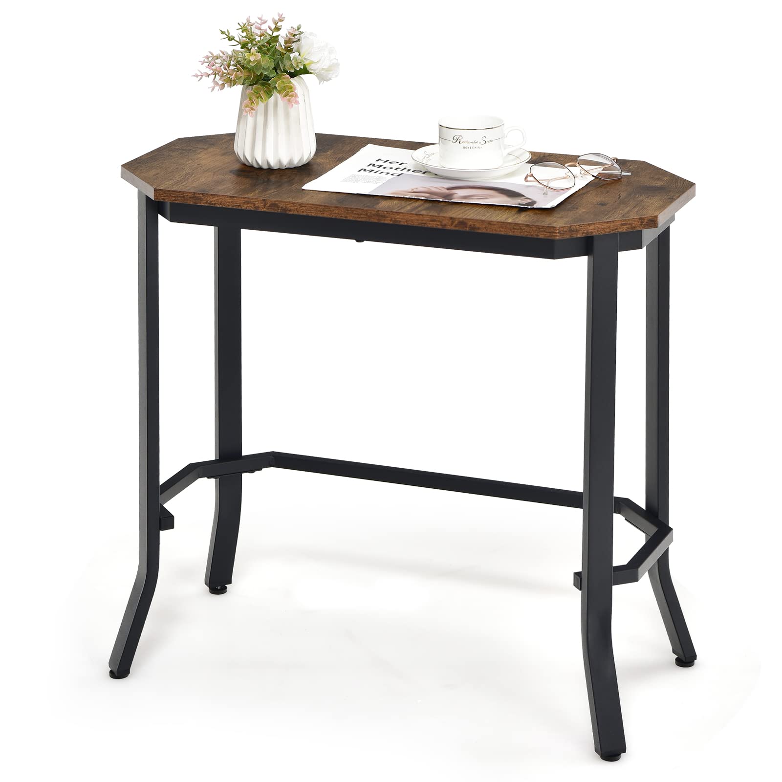 Giantex Narrow End Table w/Rustic Wood Grain & Stable Steel Frame, 25.5"x12.5"x24.5" Rustic Brown