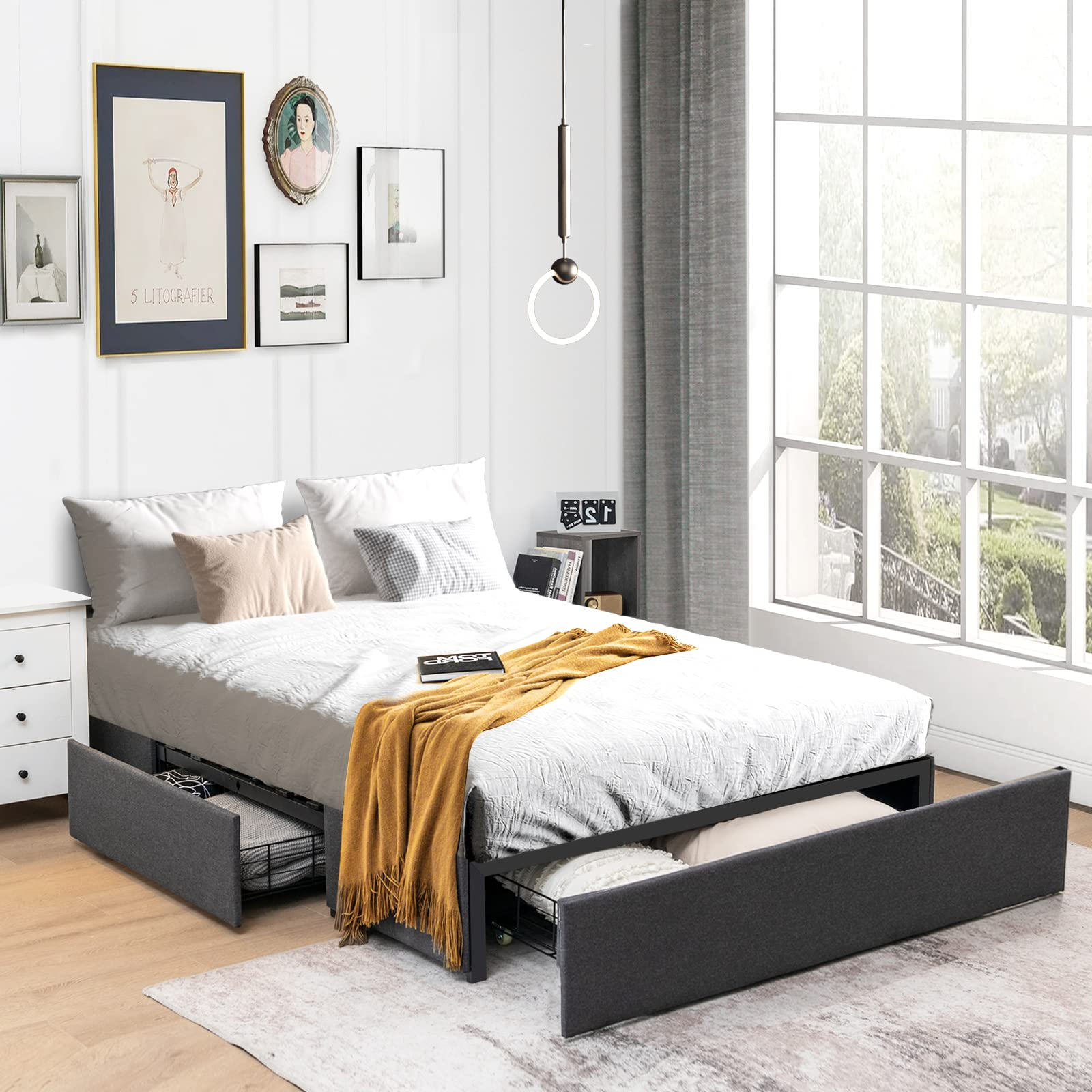 Full Size Platform Bed Frame with 3 Storage Drawers - Giantex