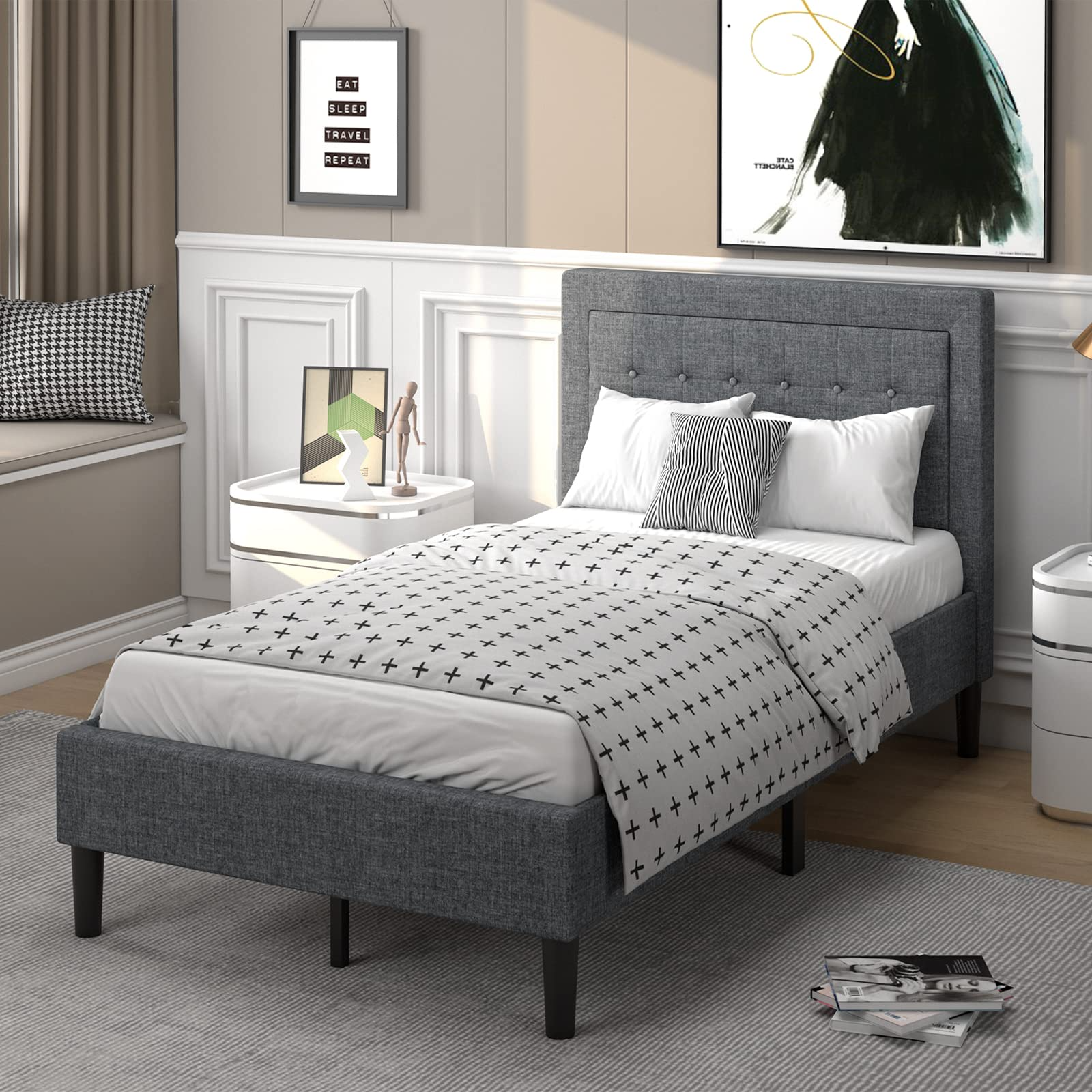 Modern Platform Bed w/Button Tufted Headboard | Upholstered Bed Frame