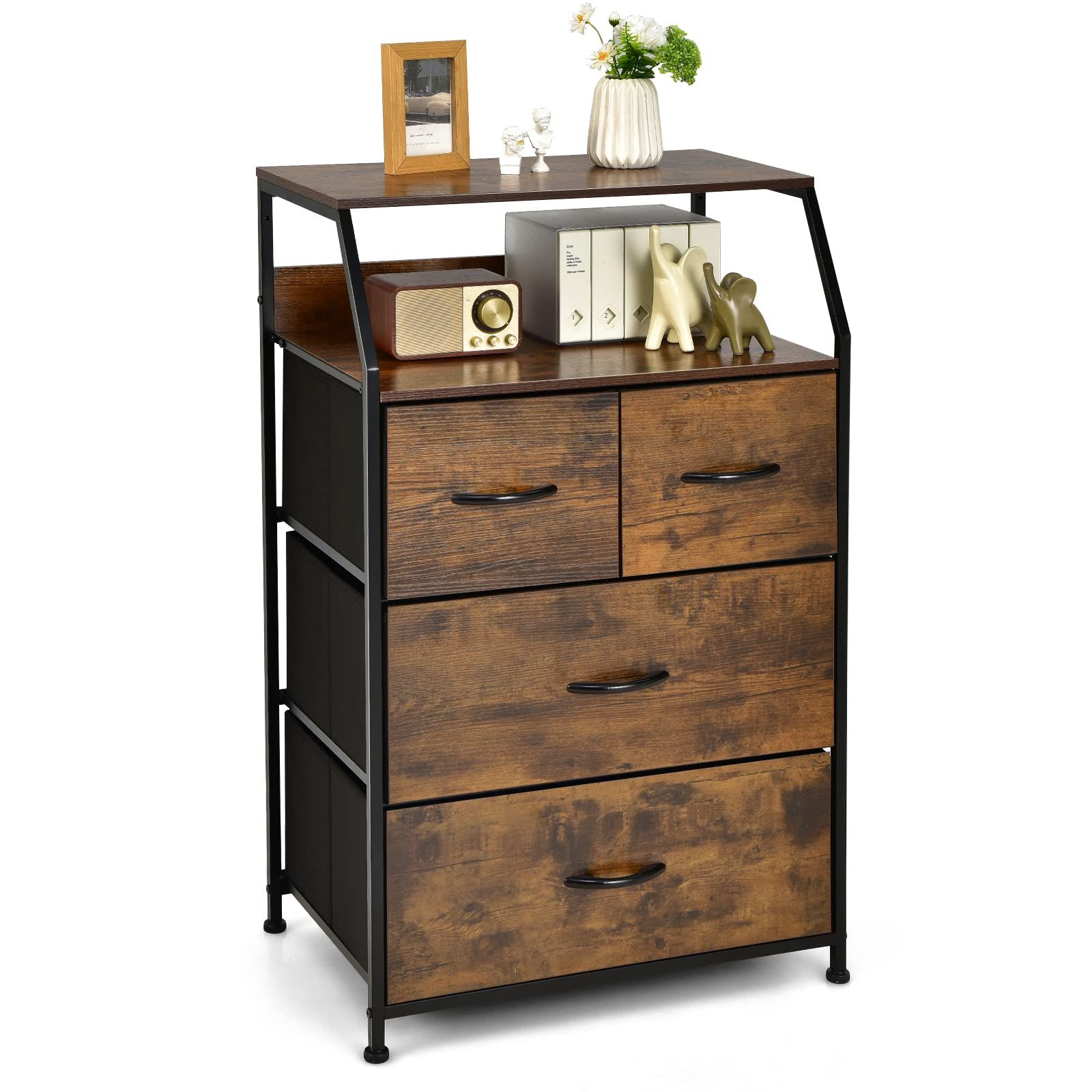 Giantex 4 Drawers Dresser, Tall Storage Tower w/ 5 Foldable Fabric Drawers & Open Shelves
