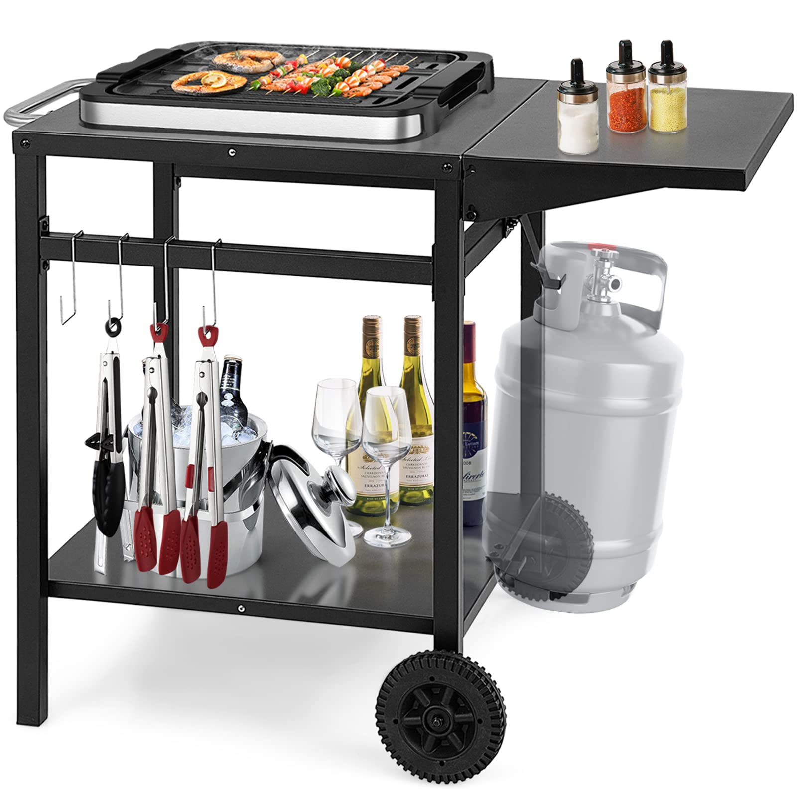 Giantex Outdoor Pizza Oven Stand Grill Cart with Wheels, Foldable Side Table, Gas Tank Hook