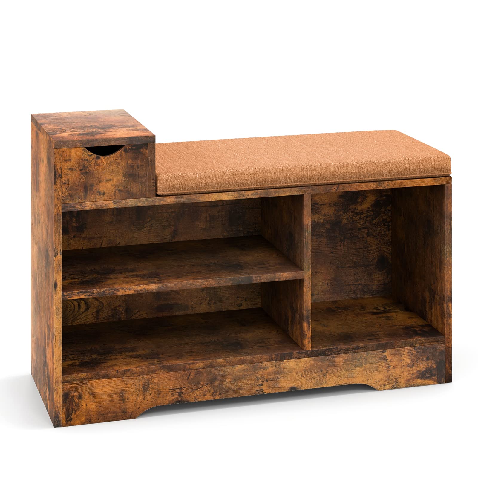 Giantex Industrial Shoe Storage Bench - Entryway Shoe Bench with Removable Cushion, Storage Drawer, Rustic Brow