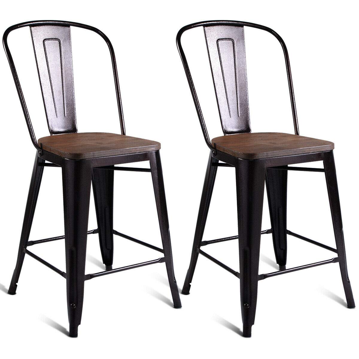 Giantex Tolix Style Dining Stools with Wood Seat and Backrest, Industrial Metal Counter Height Stool