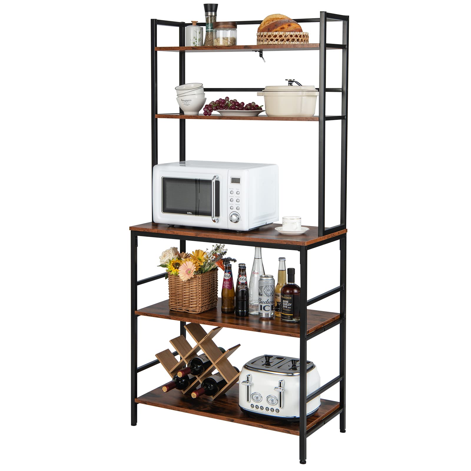Giantex 5 Tier Bakers Rack with Hutch, Microwave Oven Stand with Spice Racks, Adjustable Feet (Rustic Brown & Black)
