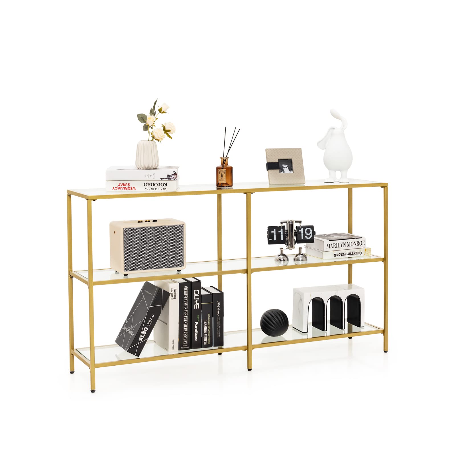 Giantex Console Table 3-Tier - Glass Entryway Table, Long Couch Table with Tempered Glass Shelf & Gold Steel Frame