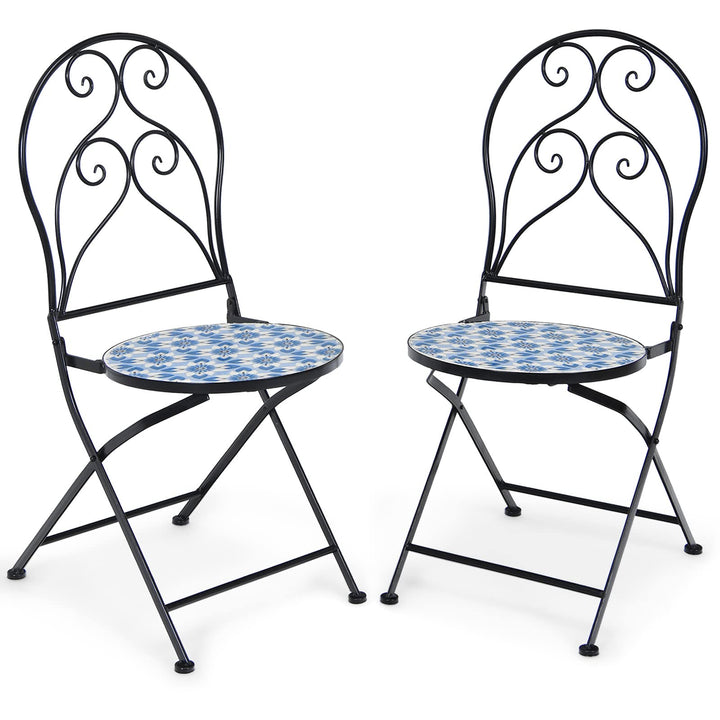 Giantex 2 Pieces Folding Bistro Chairs, Mosaic Patio Chairs with Ceramic Tiles Seat and Exquisite Floral Pattern