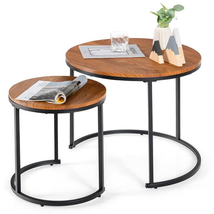 Nesting Coffee Table Set of 2, Round Stacking Side Tables w/Wooden Tabletop & Steel Frame