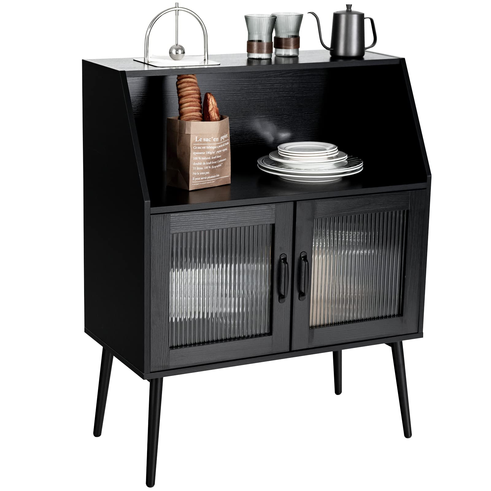 Giantex Buffet Cabinet with Storage, Farmhouse Sideboard with Open Shelves & Tempered Glass Door