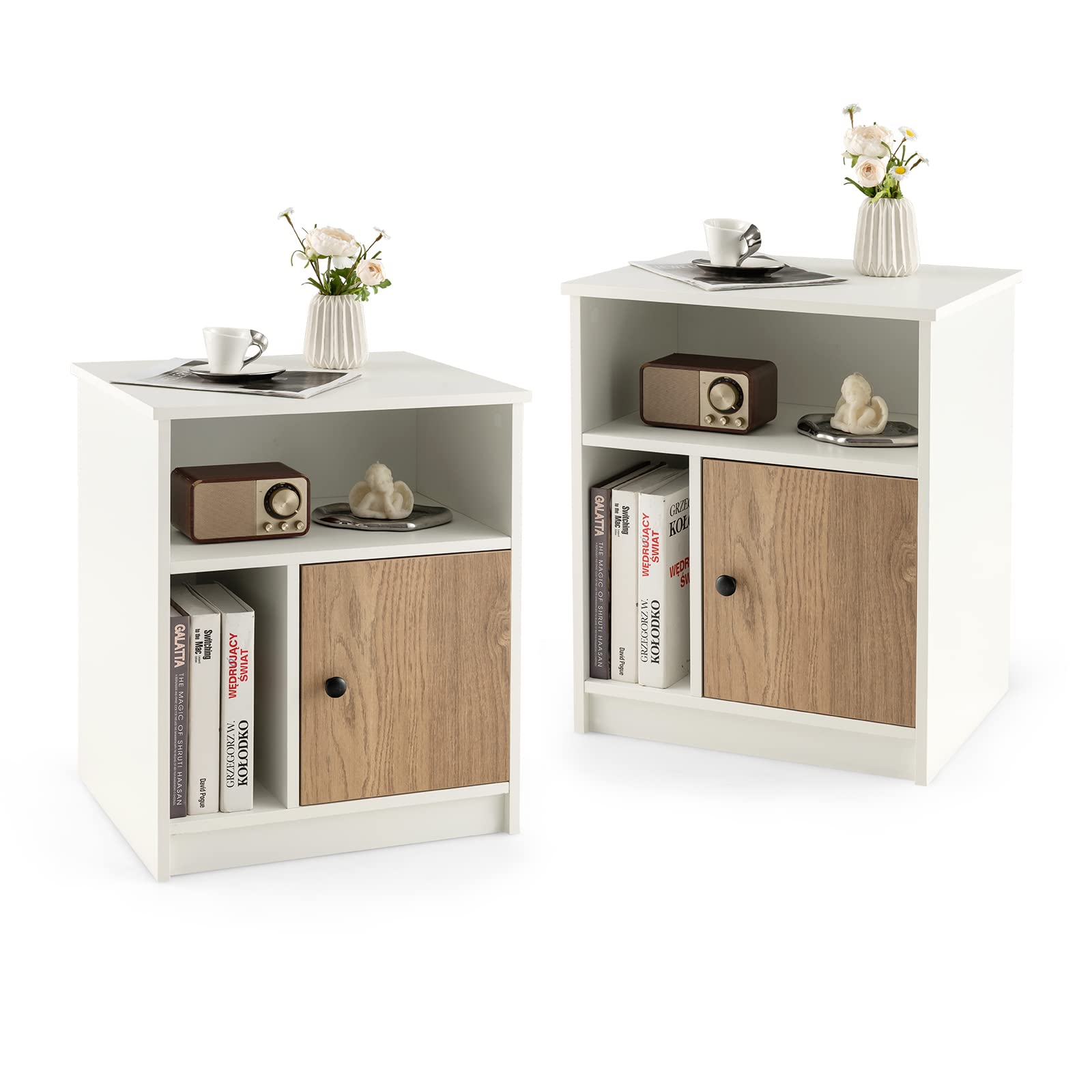 Giantex White Nightstand Set of 2, 25" Tall End Side Table with 1 Door & 2 Open Shelves