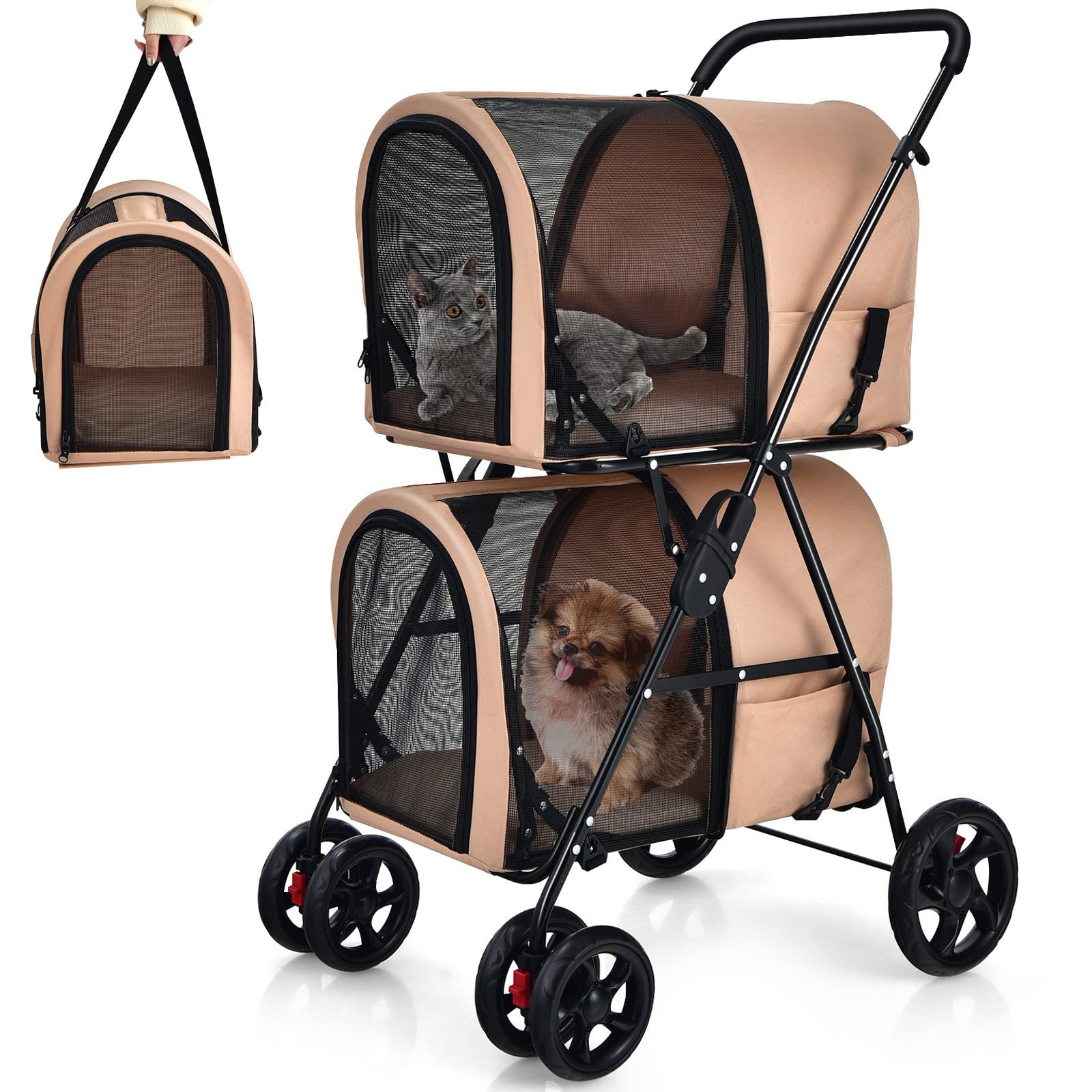 Double Pet Stroller with 2 Detachable Carrier Bags, 4 Lockable Wheels Cat Stroller