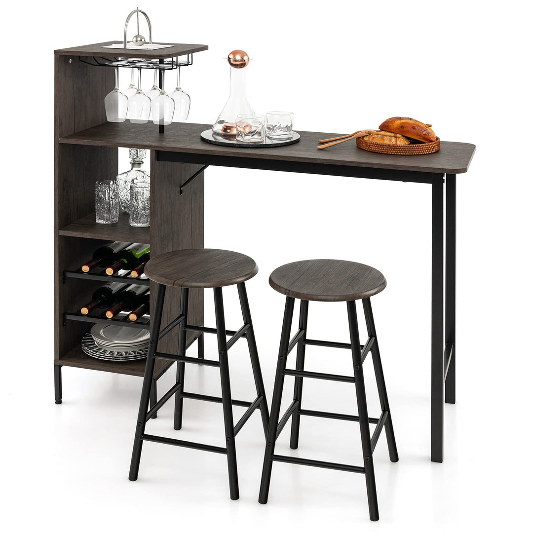 Giantex 3 Pieces Bar Table and Stools Set, Bistro Table Set with Glass Holder (Brown)