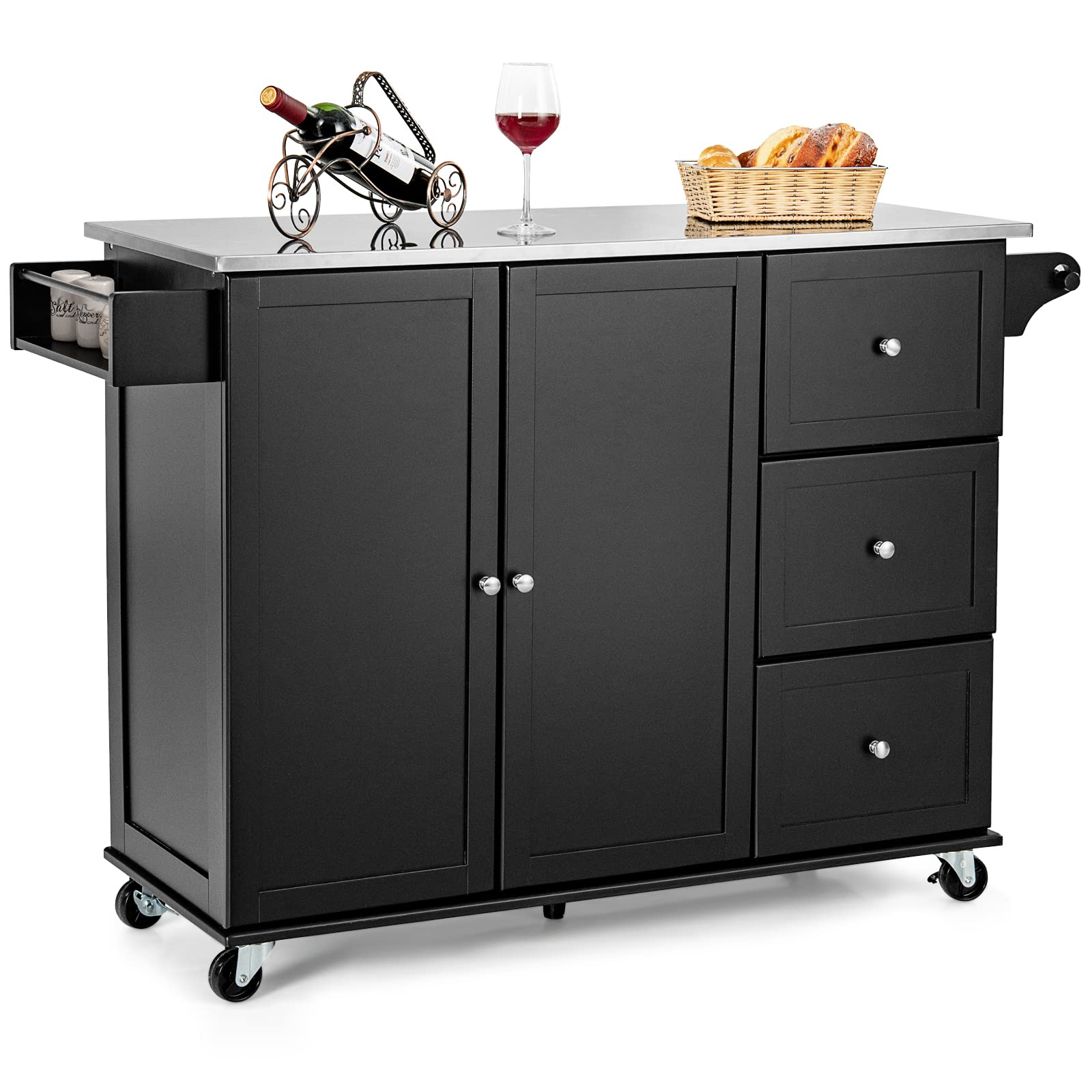 Giantex Kitchen Island with Stainless Steel Countertop, Dark Brown