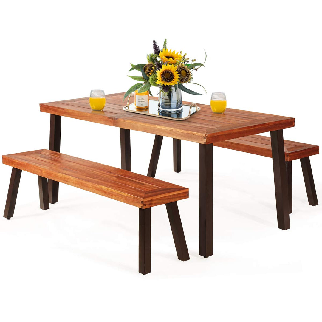Patio Dining Table Set with 2 Benches, Outdoor Picnic Table Set with Umbrella Hole