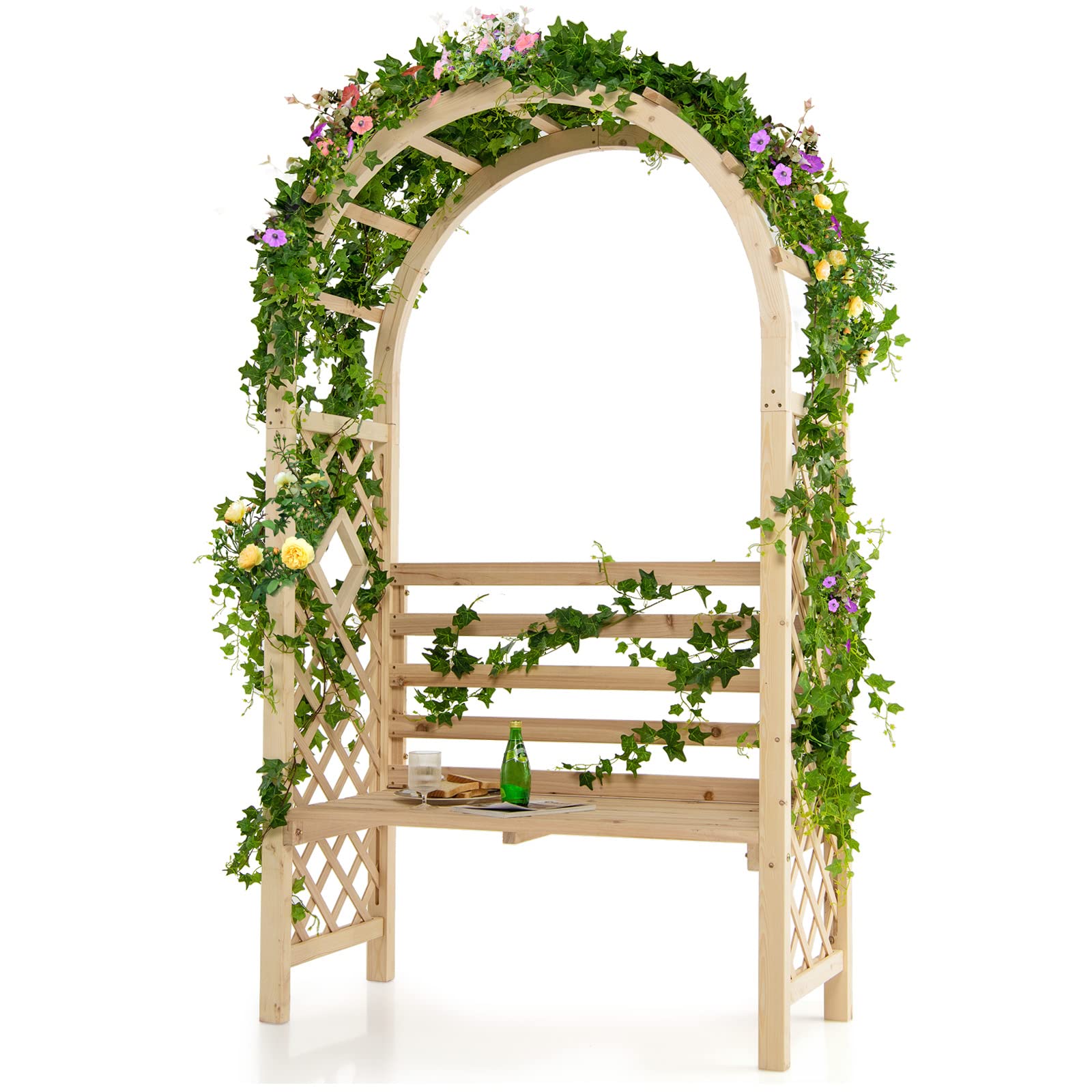 Giantex 81in Garden Arch with 2-Person Bench, Wooden Garden Arbor Archway Trellis for Climbing Plants