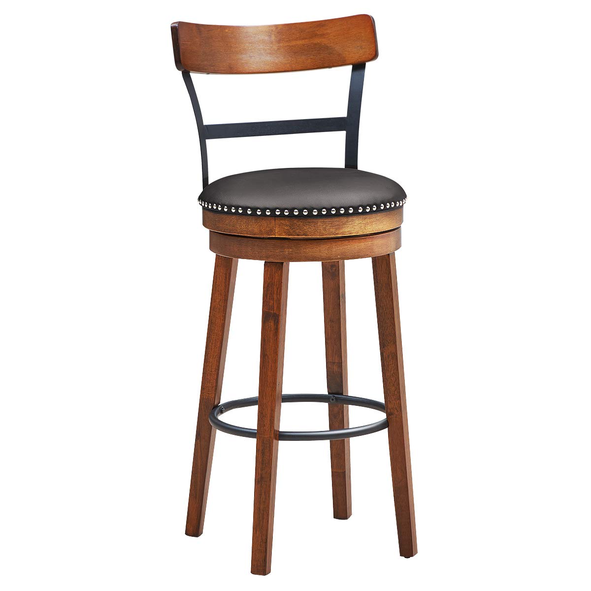 360-Degree Swivel Stools with Leather Padded Seat, Single Slat Ladder Back & Solid Rubber Wood Legs