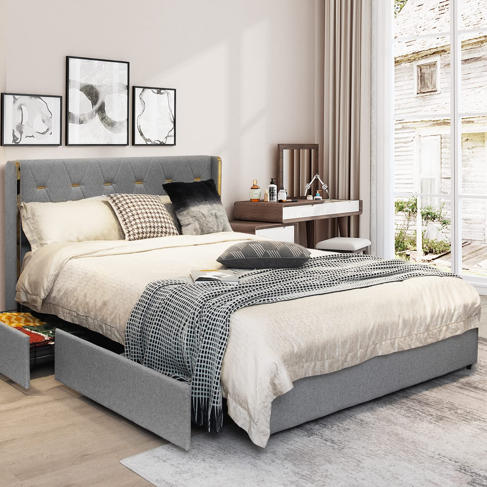 Giantex Upholstered Bed Frame with 4 Drawers