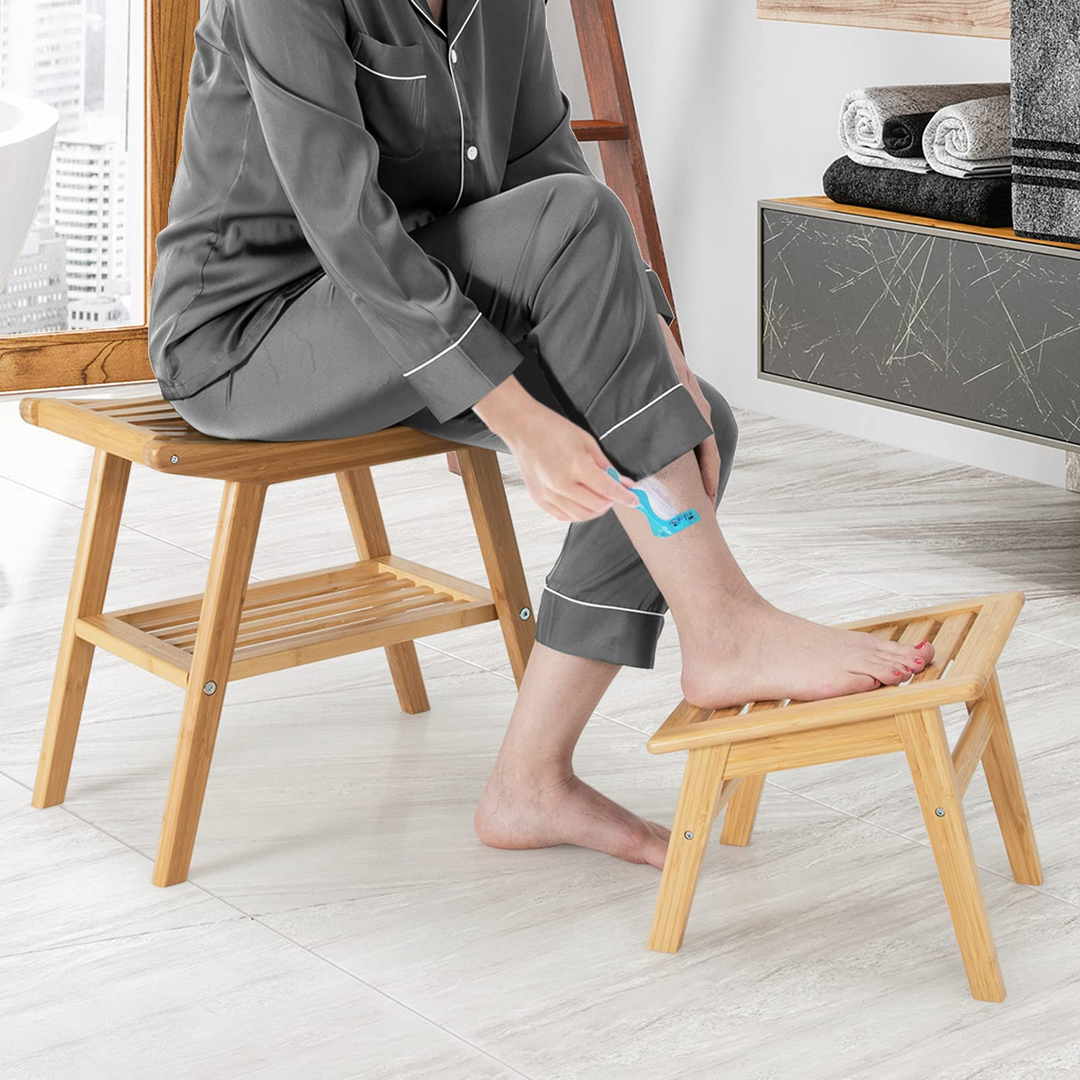 Bamboo Shower Bench with Foot Stool, Shower Seat Bench with Underneath Storage Shelf