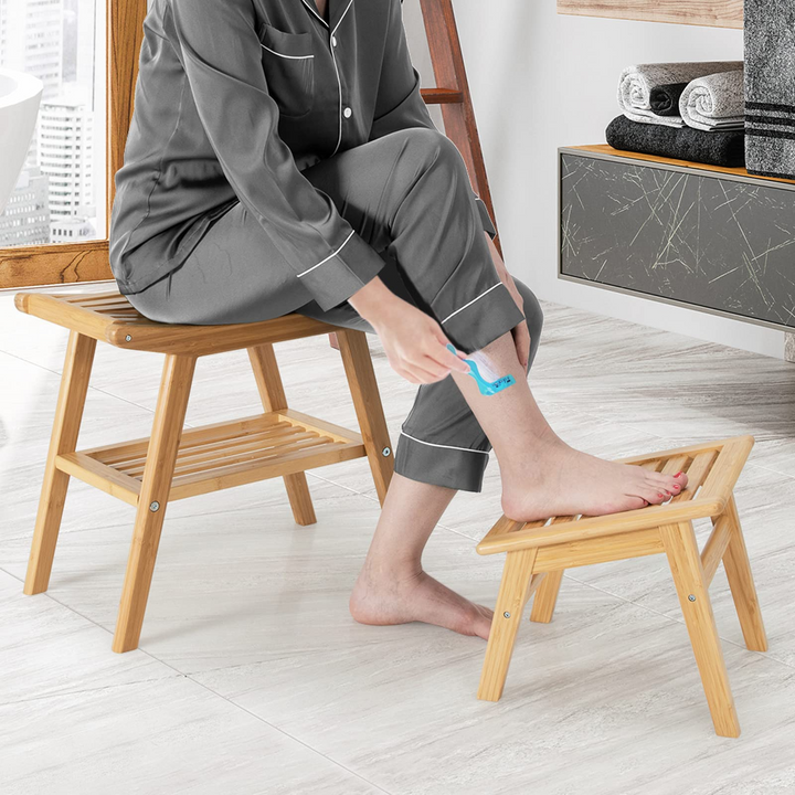 Bamboo Shower Bench with Foot Stool, Shower Seat Bench with Underneath Storage Shelf