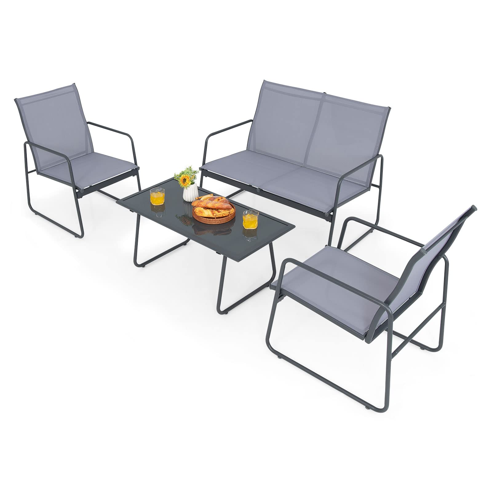 Giantex 4 Pieces Patio Furniture Set, Outdoor Conversation Set with 2 Patio Dining Chairs, Tempered Glass Coffee Table