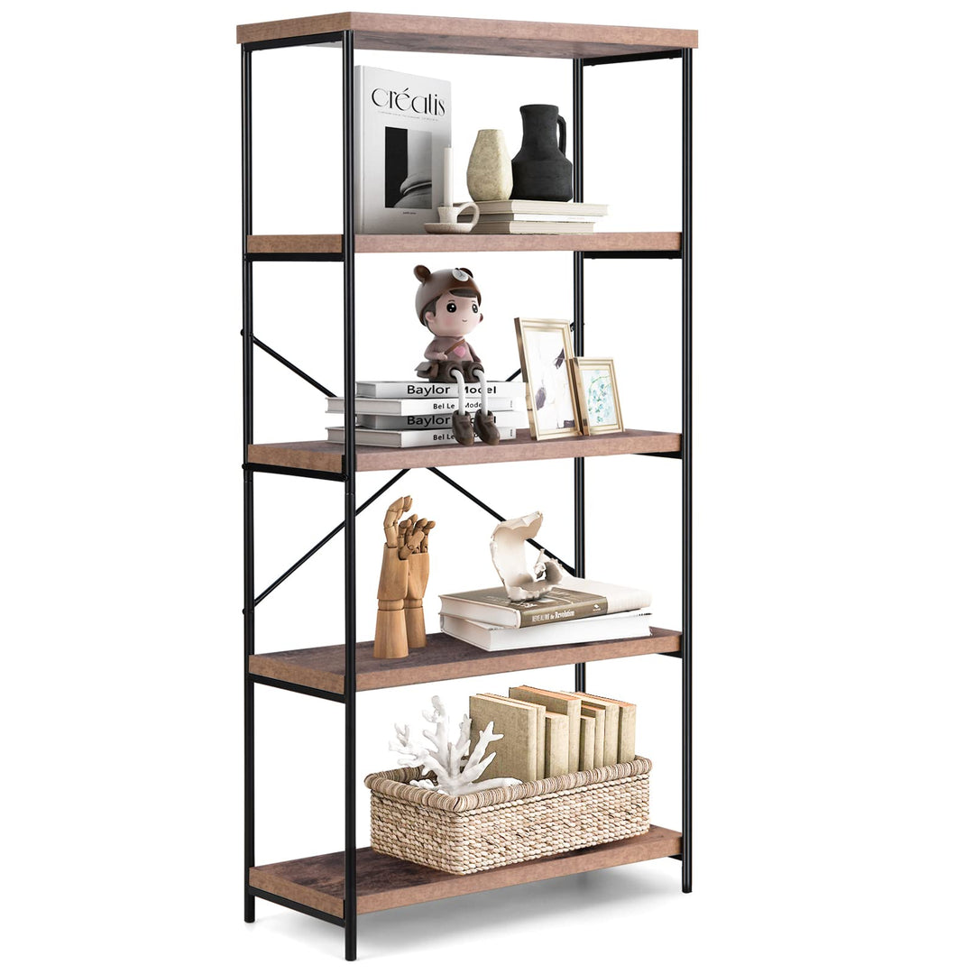 Giantex Industrial 5-Tier Wood Bookshelf - 63’’ Tall Open Storage Organizer Shelves with Anti-Tipping Device and Foot Pads
