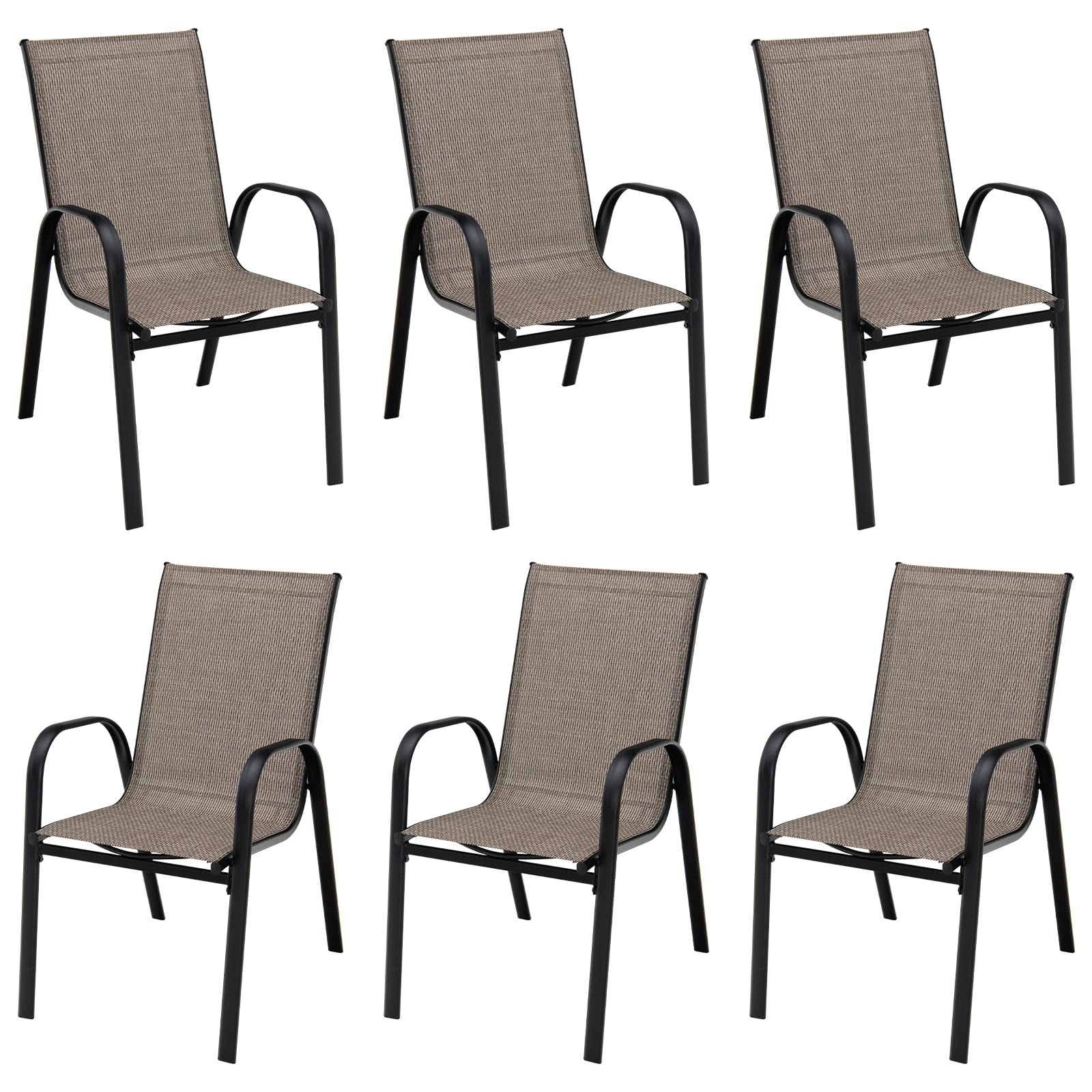 Giantex Set of 6 Patio Chairs, Stackable Outdoor Dining Chairs, with Curved Armrests and Breathable Fabric
