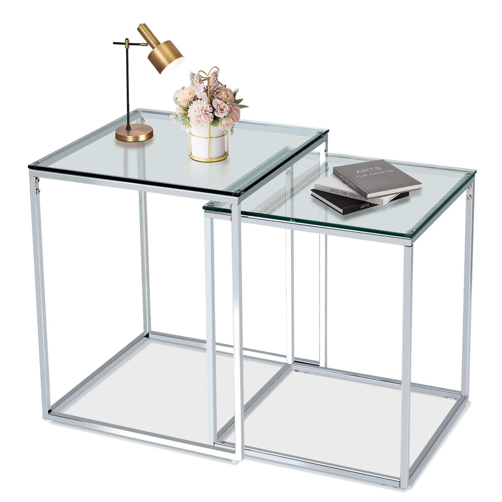 Giantex Nesting Table Set of 2 - Clear End Tables w/Tempered Glass Top & Silver Metal Frame