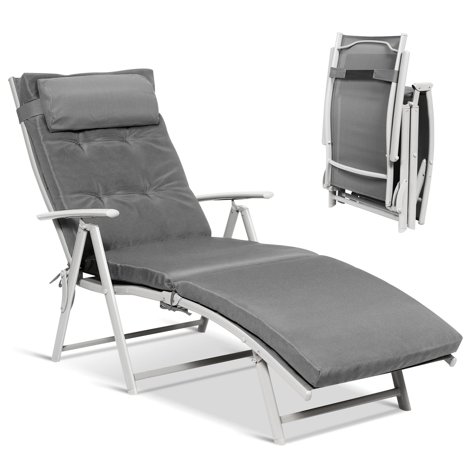 Pool Folding Reclining Beach Chair W/Removable Cushion&Headrest Pillow