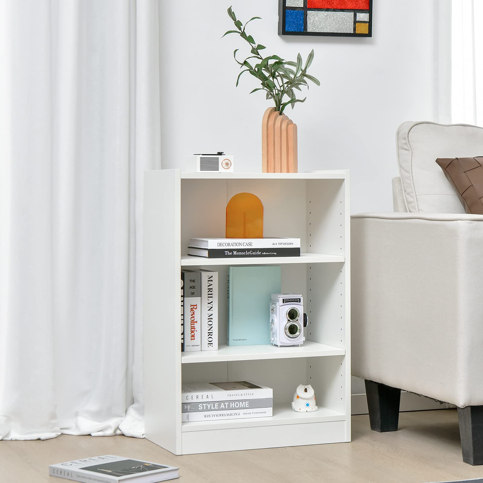 Giantex 3-Cube Bookcase White - 3-Tier Modern White Open Bookshelf with Adjustable Shelves