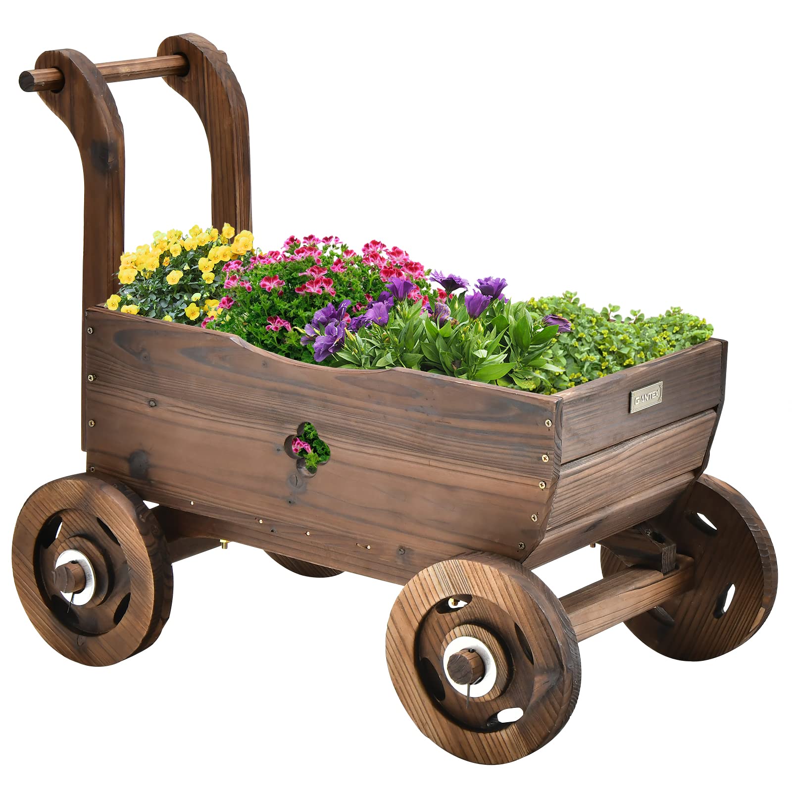 Giantex Wooden Wagon Planter Raised Bed on Wheels, Handle, Drainage Hole