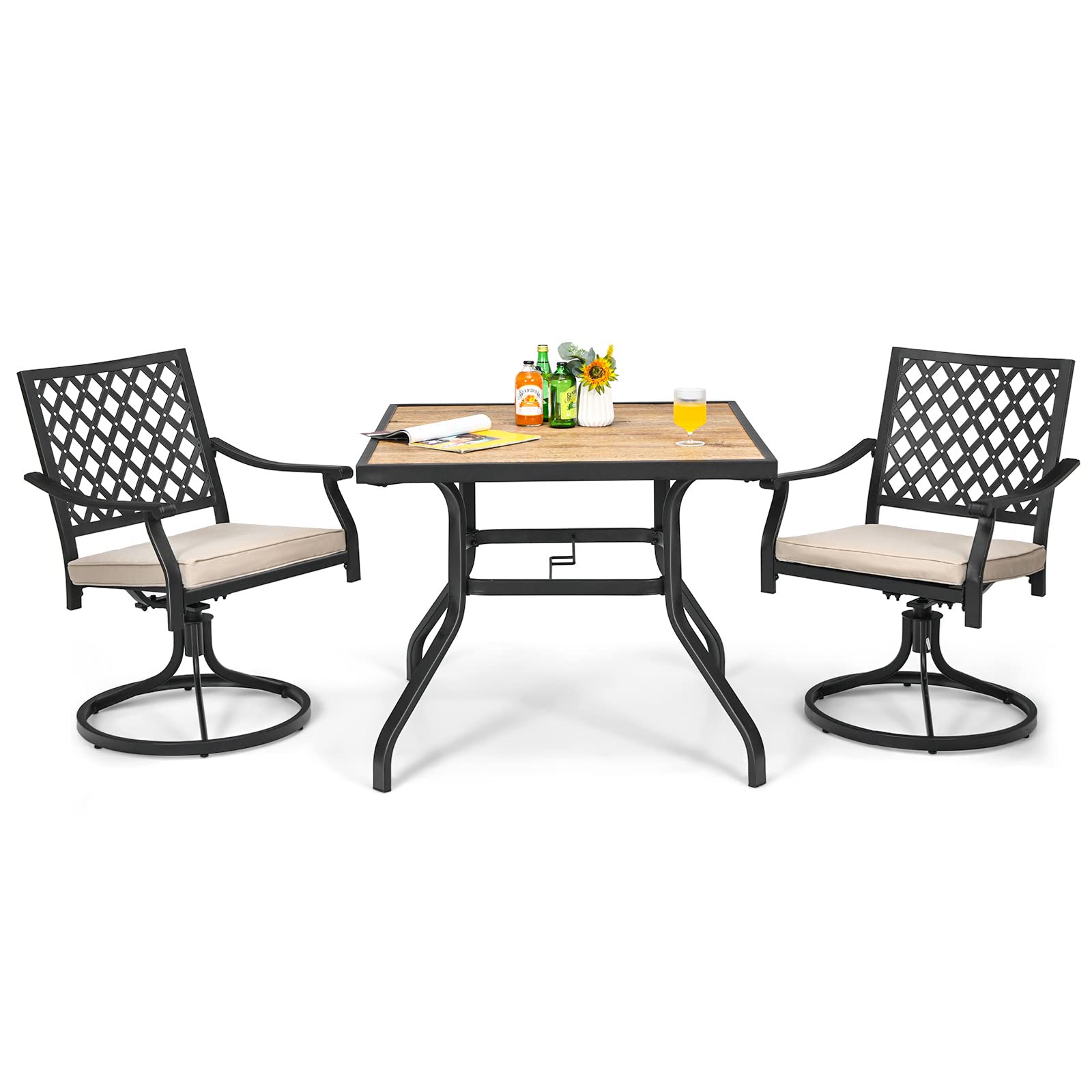 Giantex 3 Piece Patio Dining Set, Outdoor Square Bistro Table for 2, Swivel Rocking Chair with Soft Cushion
