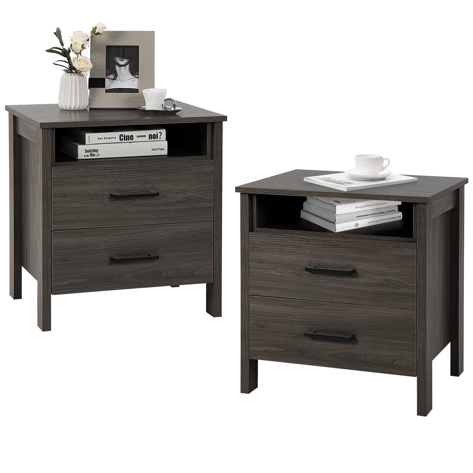 Giantex Nightstand w/2 Drawers, Set of 2 End Table w/Wood Grain