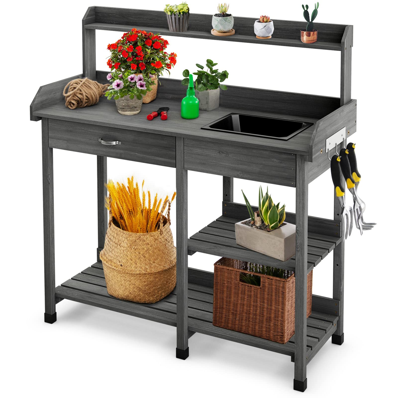 Giantex Potting Bench Table, Wood Garden Work Table with Sink Drawer Hooks and 3 Storage Shelves