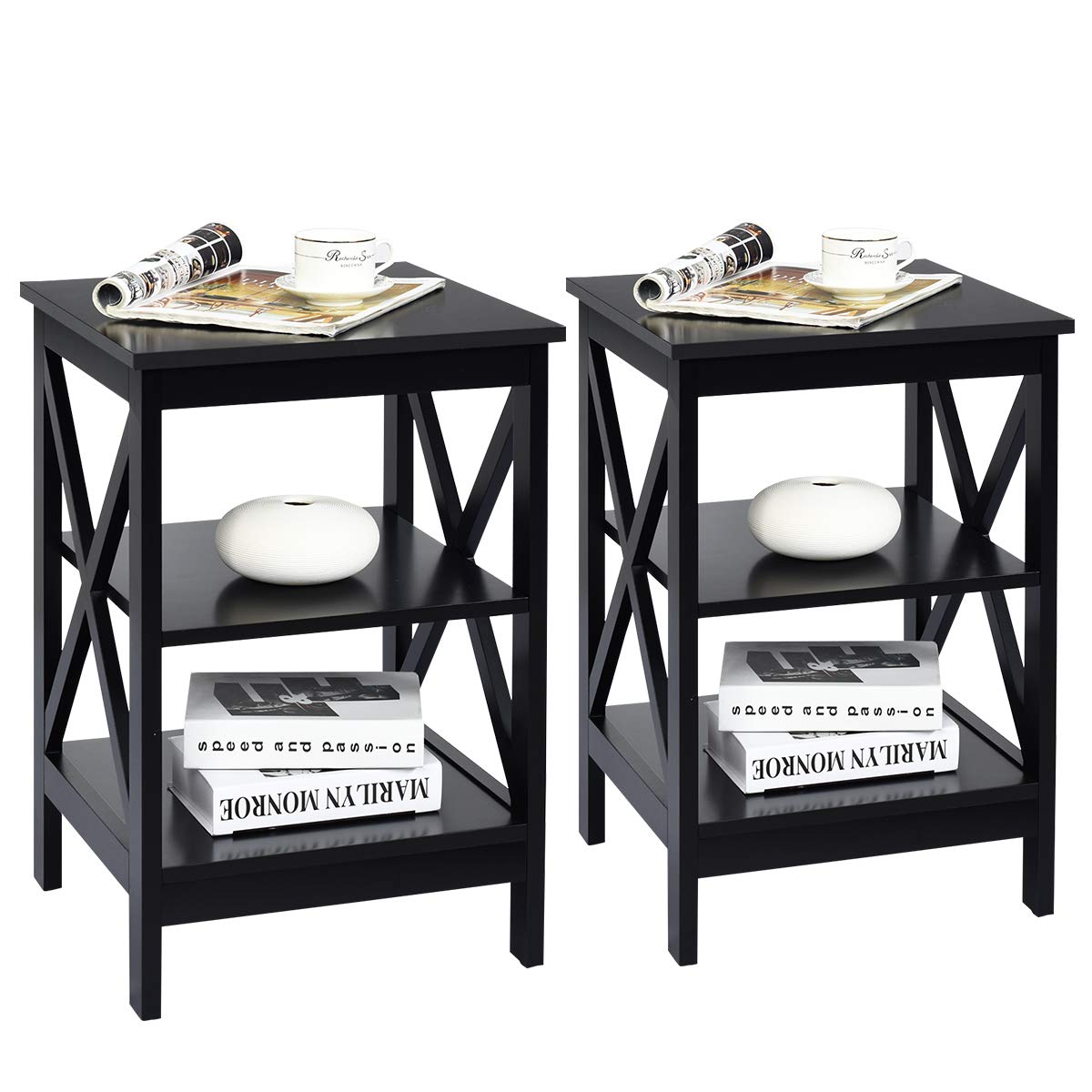 Nightstand 3-Tier X-Design W/Storage Shelves and Stable Structure Storage Organizer Display Sofa Side Table