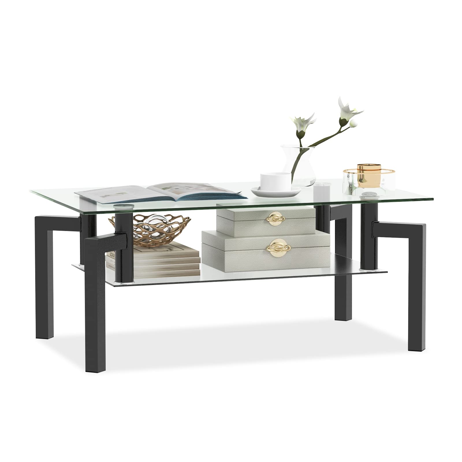 Giantex 2-Tier Glass Coffee Table - Center Table with Tempered Glass Top & Open Shelf