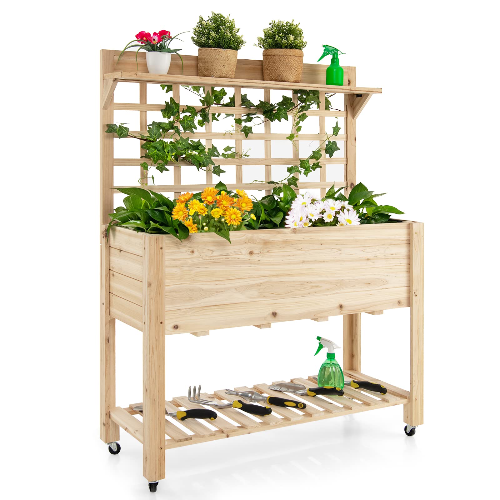 Giantex Raised Garden Bed on Wheels, Wood Planter with Trellis, Black Liner Storage Shelf