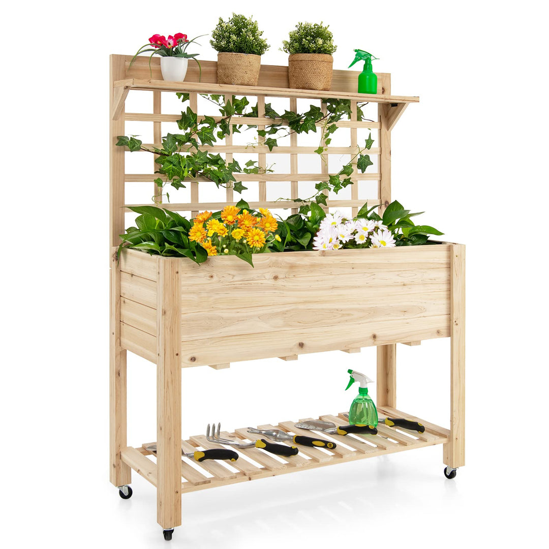 Giantex Raised Garden Bed on Wheels, Wood Planter with Trellis, Black Liner Storage Shelf