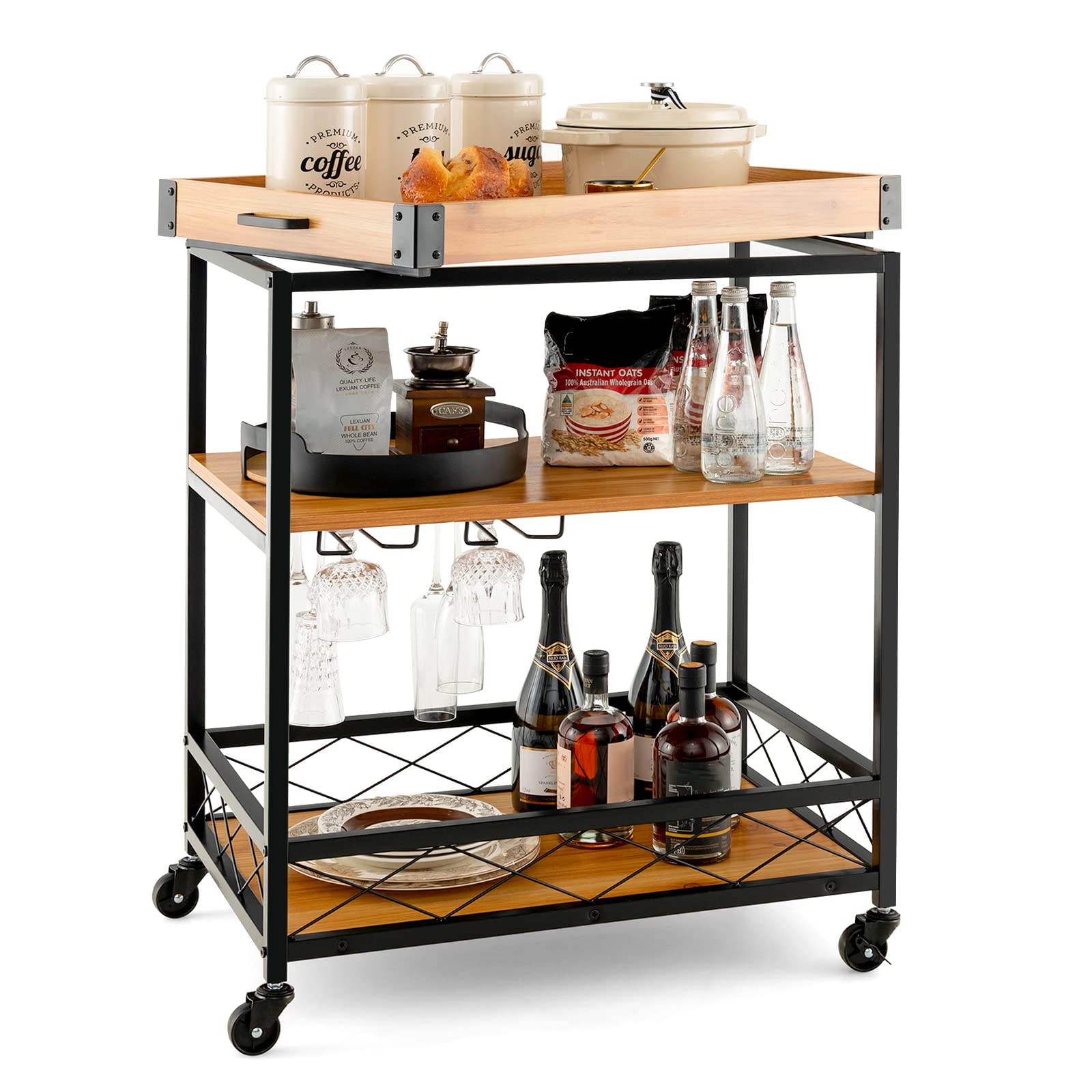 Giantex Bar Cart on Wheels, Mobile Serving Cart Cart 3-Tier w/Removable Tray, Glass Holder