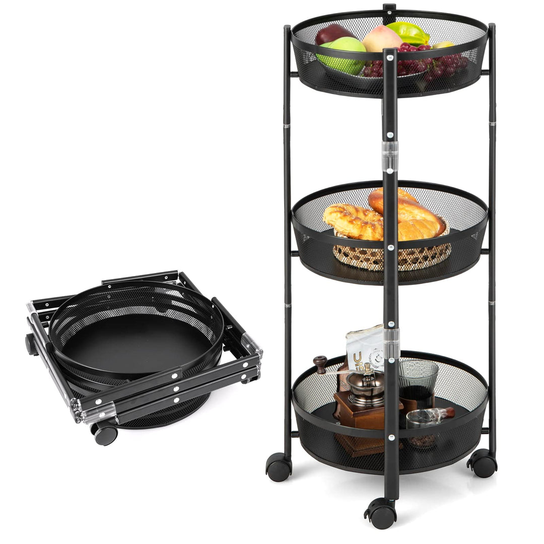 Giantex 3-Tier Fruit Vegetable Basket - 35" One-Second Folding Metal Wire Storage Basket with Wheels