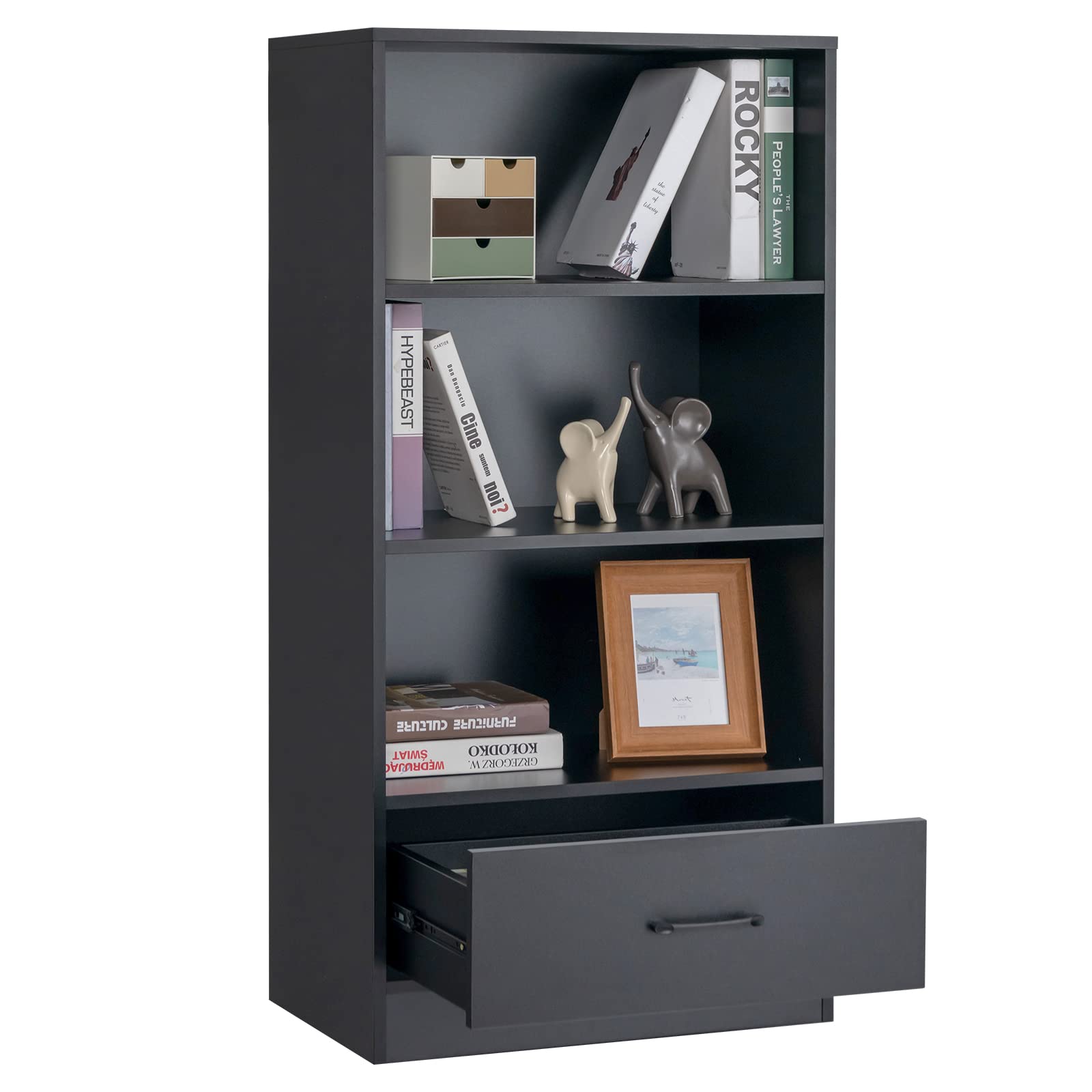 Giantex 4 Tier Bookcase with Drawer, 48" Tall Floor Standing Organizer Display Storage Shelves with Anti-toppling Device